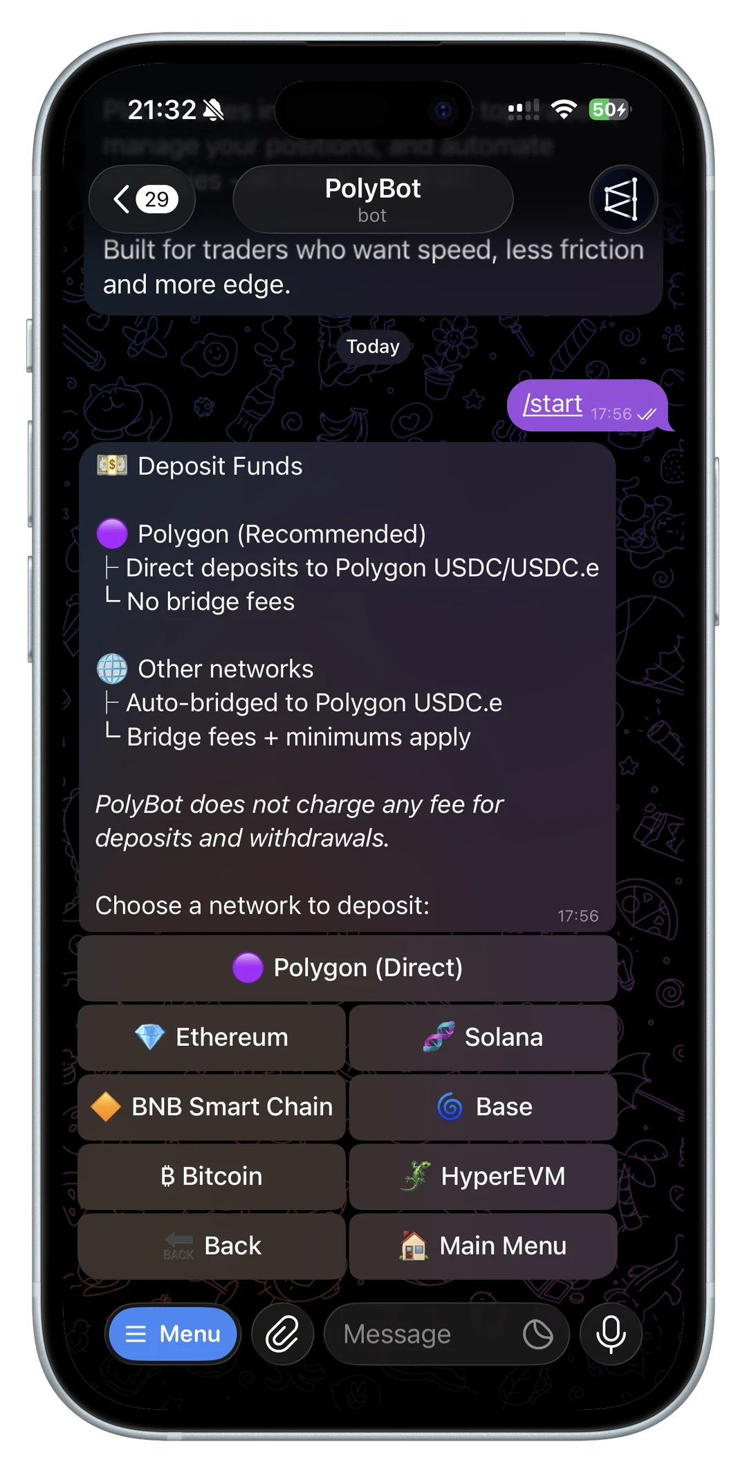Fund your wallet - PolyBot interface