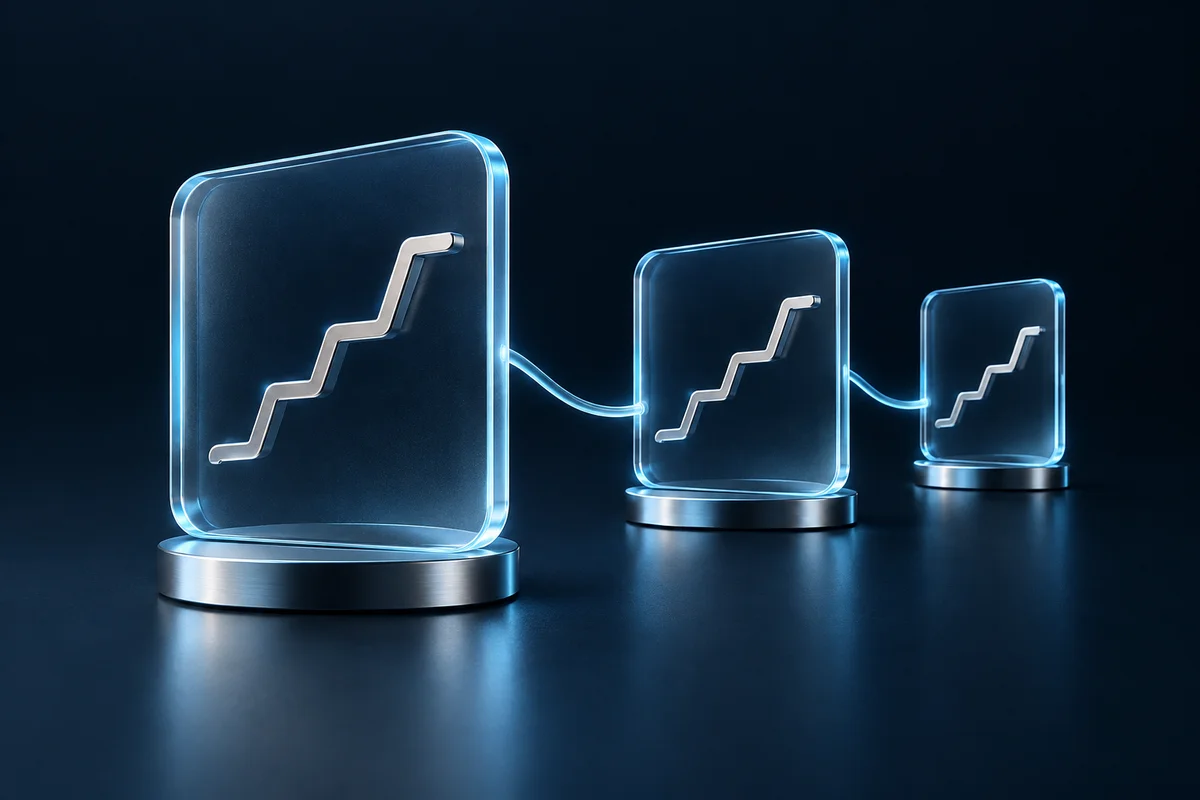 Three glass panels linked by a shared mirrored trading path